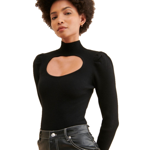 Astr The Label Cut Out Ribbed Knit Retro Boho Mock Neck Bodysuit Black Small - Picture 1 of 8
